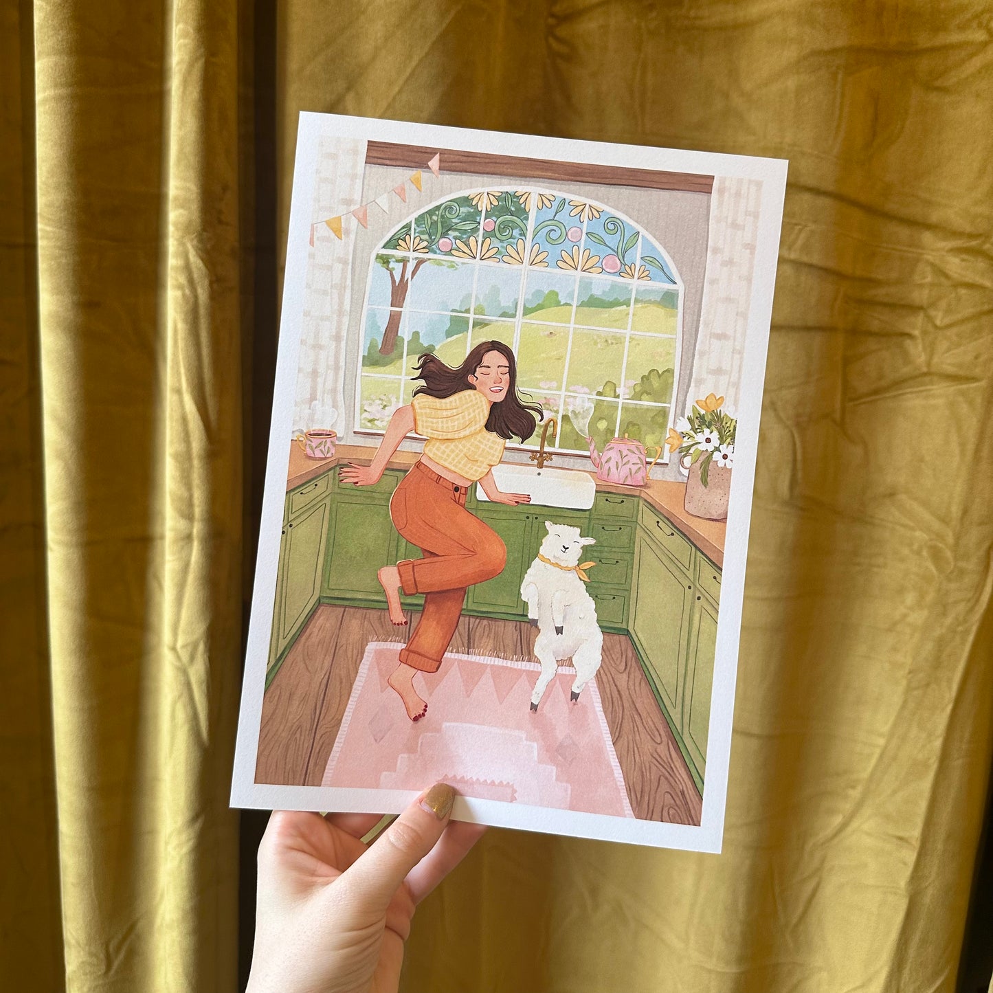 A4-Kunstdruck "Tanzen im Cottage mit Schaf"