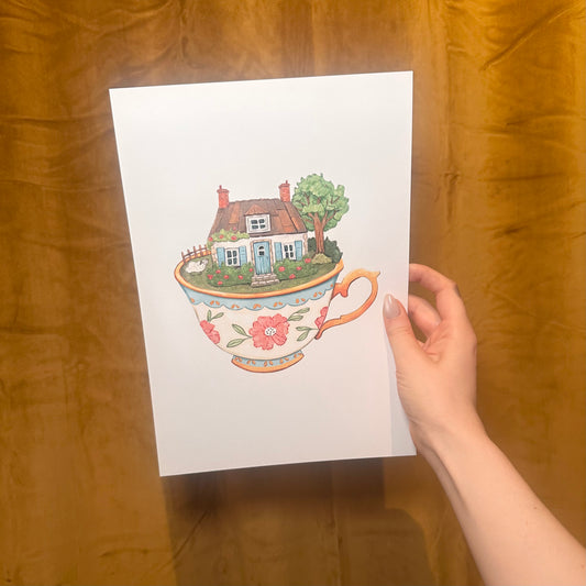 A4-Kunstdruck COTTAGE IN DER TASSE